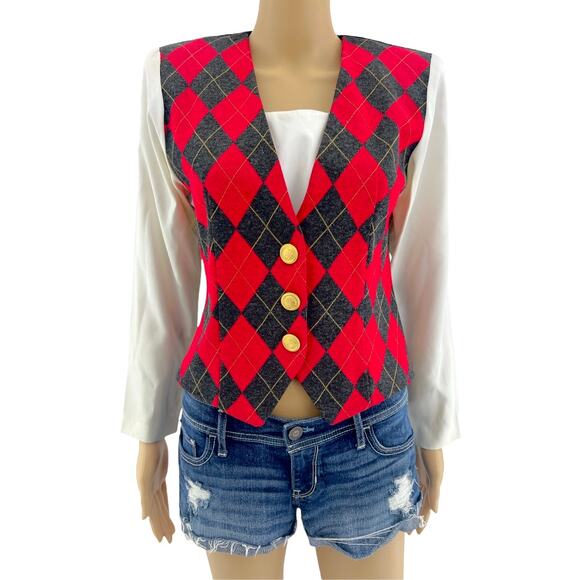 Positive Attitude US 4 American VINTAGE 80s Red Argyle Plaid Dicky Bib Vest Top - Picture 1 of 10
